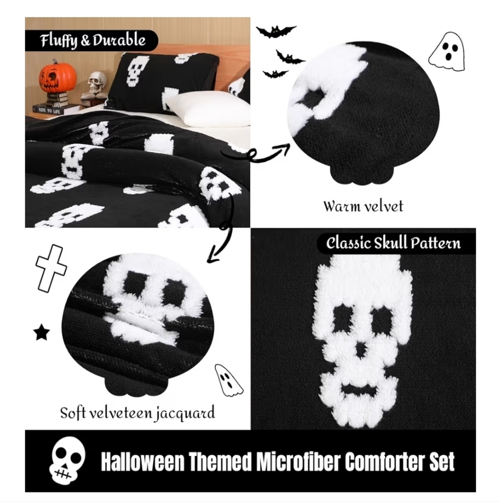 Nwt  Skull Comforter 2 Pillow Cases Queen Size - Picture 2 of 5